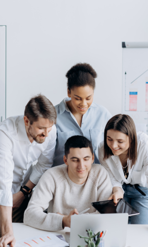 employees working in an office together with joy